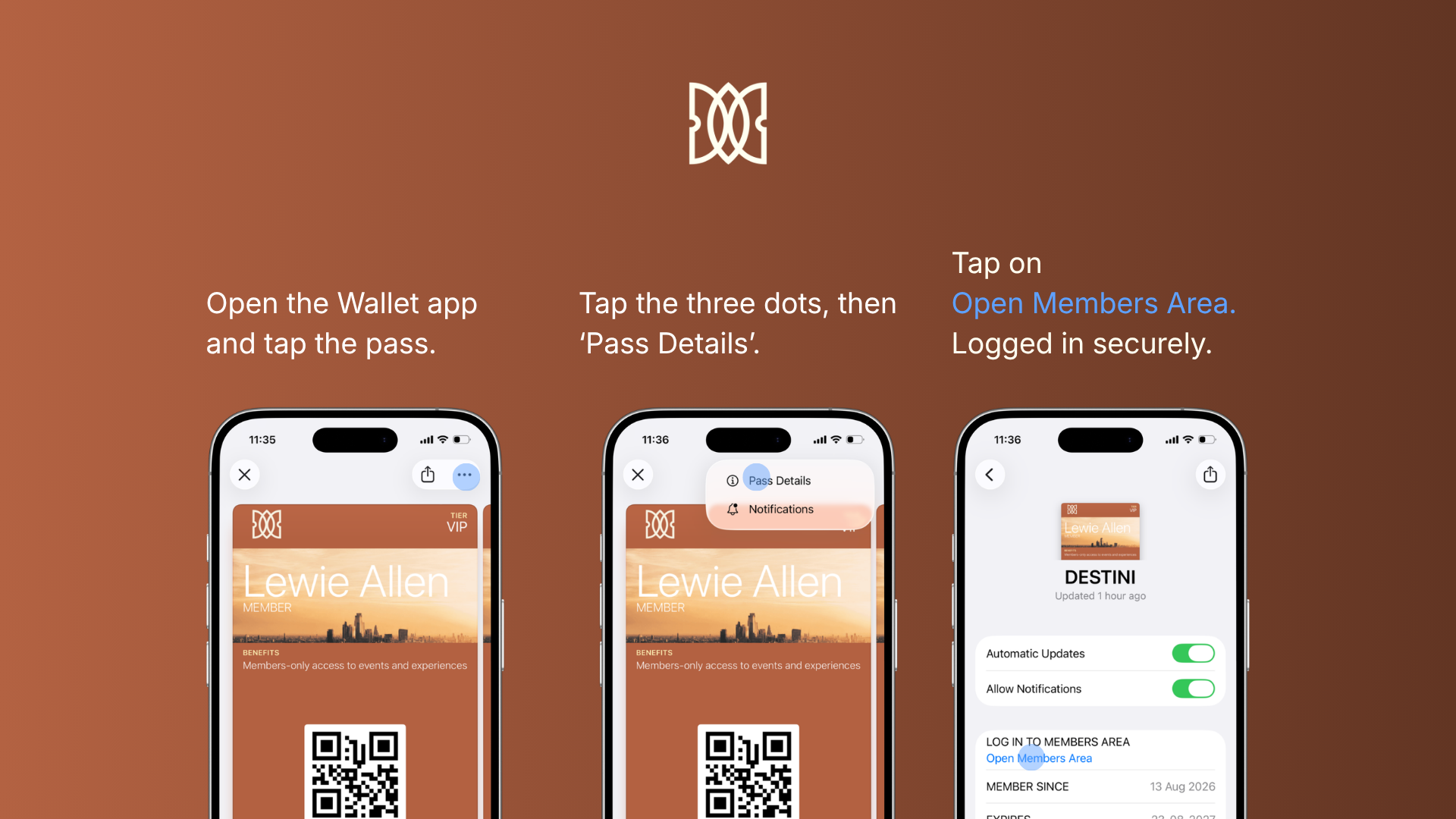 Destini's private Members Area secure login flow in 3 steps.
